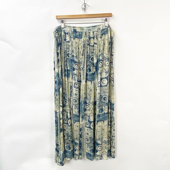 2/$30 Vintage Large Womens Cream/Blue High Waisted Pleated A-Line Midi Skirt - Picture 5 of 8